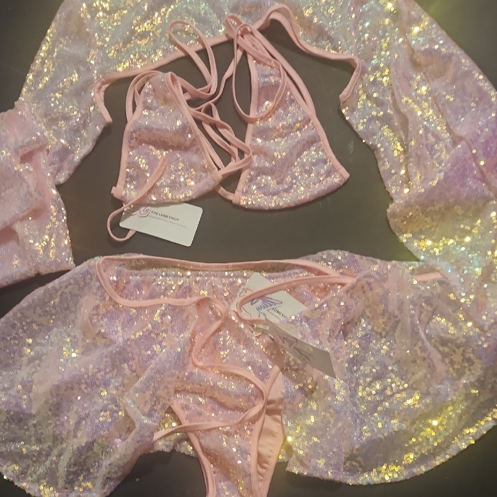 Pink Sequin Triangle Bikini Set with Sheer Cover-Up